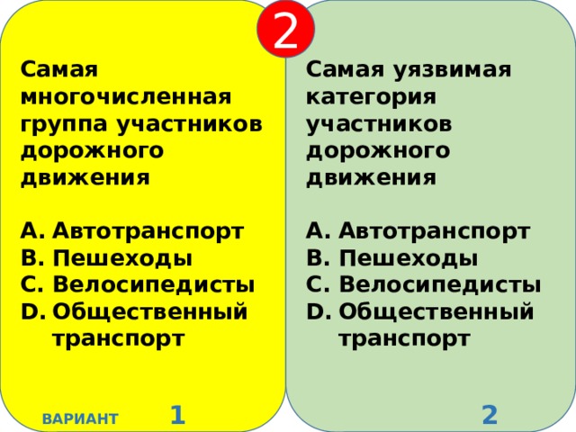 Самая многочисленная группа участников дорожного движения Самая уязвимая категория участников дорожного движения 2   Автотранспорт Пешеходы Велосипедисты Общественный транспорт Автотранспорт Пешеходы Велосипедисты Общественный транспорт     ВАРИАНТ 1 2 ВАРИАНТ 