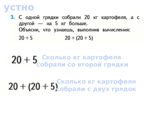 устно Сколько кг картофеля собрали со второй грядки Сколько кг картофеля собрали с двух грядок 