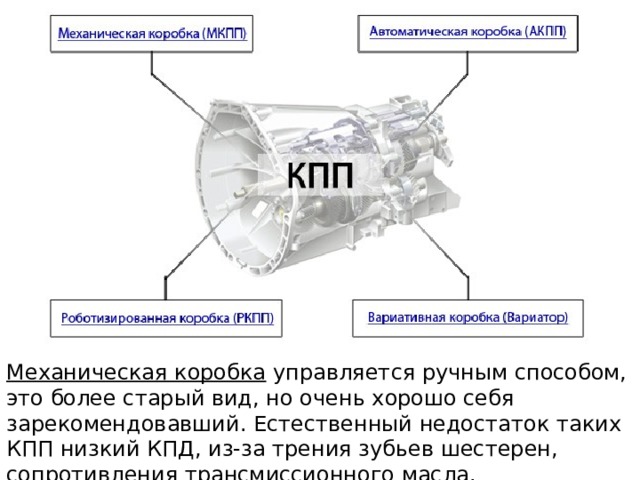 Механическая коробка управляется ручным способом, это более старый вид, но очень хорошо себя зарекомендовавший. Естественный недостаток таких КПП низкий КПД, из-за трения зубьев шестерен, сопротивления трансмиссионного масла. 