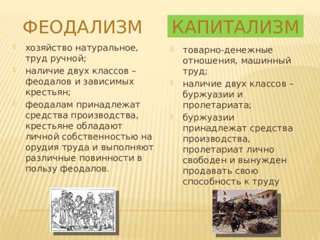 Феодализм Капитализм хозяйство натуральное, труд ручной; наличие двух классов – феодалов и зависимых крестьян; феодалам принадлежат средства производства, крестьяне обладают личной собственностью на орудия труда и выполняют различные повинности в пользу феодалов. товарно-денежные отношения, машинный труд; наличие двух классов – буржуазии и пролетариата; буржуазии принадлежат средства производства, пролетариат лично свободен и вынужден продавать свою способность к труду 