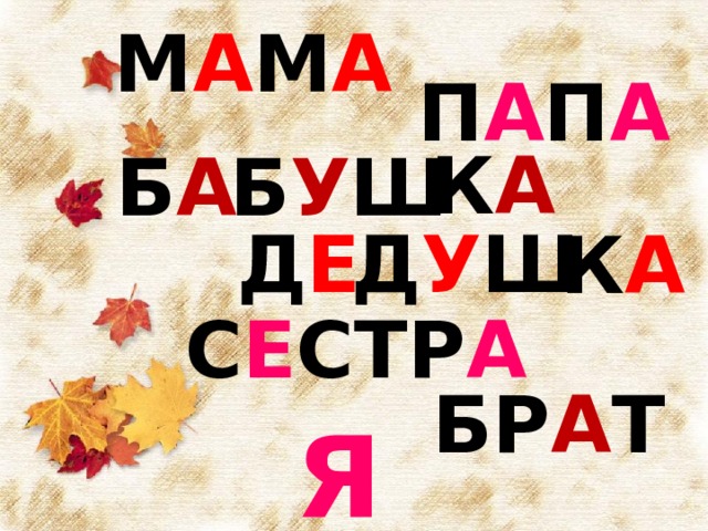 М А М А П А П А К А Б У Ш Б А Д Е Д У Ш К А С Е СТР А 13. Мама, папа, бабушка, дедушка, сестра, брат, я. БР А Т Я  