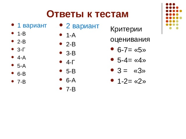 Ответы к тестам 1 вариант 1-В 2-В 3-Г 4-А 5-А 6-В 7-В 2 вариант 1-А 2-В 3-В 4-Г 5-В 6-А 7-В Критерии оценивания 6-7= «5» 5-4= «4» 3 = «3» 1-2= «2» 