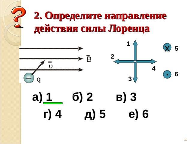2. Определите направление действия силы Лоренца 1 5 х 2 4 6 ▪ 3 а) 1 б) 2 в) 3 г) 4 д) 5 е) 6  