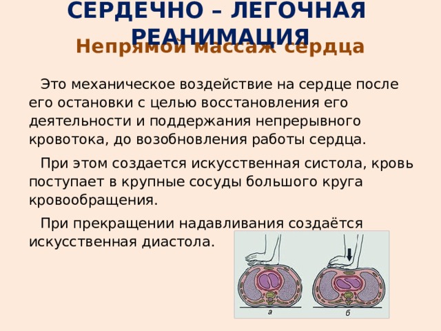 СЕРДЕЧНО – ЛЕГОЧНАЯ РЕАНИМАЦИЯ Непрямой массаж сердца Это механическое воздействие на сердце после его остановки с целью восстановления его деятельности и поддержания непрерывного кровотока, до возобновления работы сердца. При этом создается искусственная систола, кровь поступает в крупные сосуды большого круга кровообращения. При прекращении надавливания создаётся искусственная диастола. 