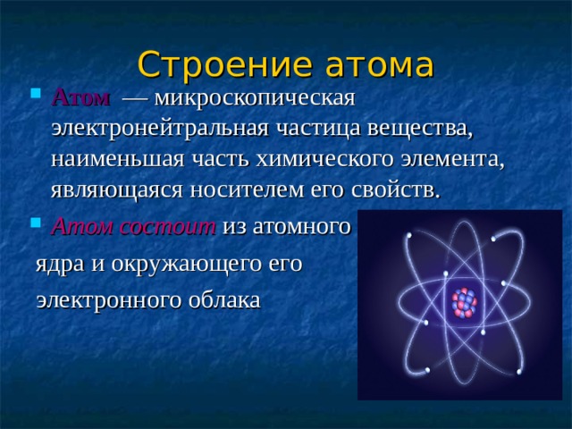 Строение атома Атом  — микроскопическая электронейтральная частица вещества, наименьшая часть химического элемента, являющаяся носителем его свойств. Атом состоит из атомного  ядра и окружающего его  электронного облака 
