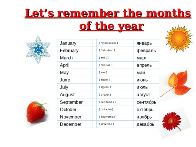 Let’s remember the months of the year January February March [ 'dʒænju(ə)ri ] январь [ 'febru(ə)ri ] April февраль [ mɑ:tʃ ] May June март [ 'eipr(ə)l ] апрель July [ mei ] май August [ dʒu:n ] июнь September [ dʒu'lai ] июль [ ɔ:'g Λ st ] October август November [ sep'tembə ] December [ ɔk'təubə ] сентябрь октябрь [ nəu'vembə ] ноябрь [ di'sembə ] декабрь 