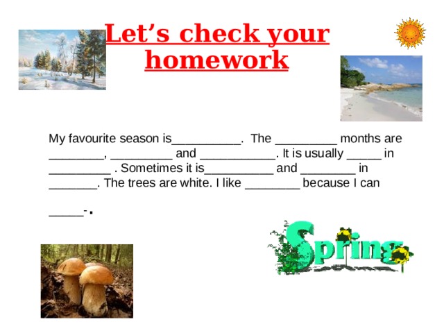 Let’s check your homework   My favourite season is__________. The _________ months are ________, _________ and ___________. It is usually _____ in _________ . Sometimes it is__________ and ________ in _______. The trees are white. I like ________ because I can _____- .   