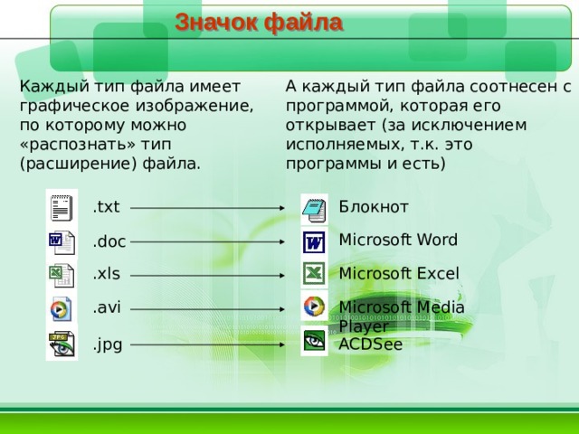 Значок файла Каждый тип файла имеет графическое изображение, по которому можно «распознать» тип (расширение) файла. А каждый тип файла соотнесен с программой, которая его открывает (за исключением исполняемых, т.к. это программы и есть) .txt Блокнот Microsoft Word .doc .xls Microsoft Excel .avi Microsoft Media Player ACDSee .jpg