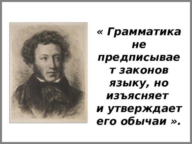 « Грамматика не предписывает законов языку, но изъясняет и утверждает его обычаи ».   А.С.Пушкин  