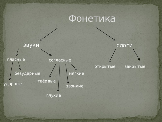  Фонетика звуки слоги гласные согласные закрытые открытые безударные мягкие твёрдые ударные звонкие глухие 