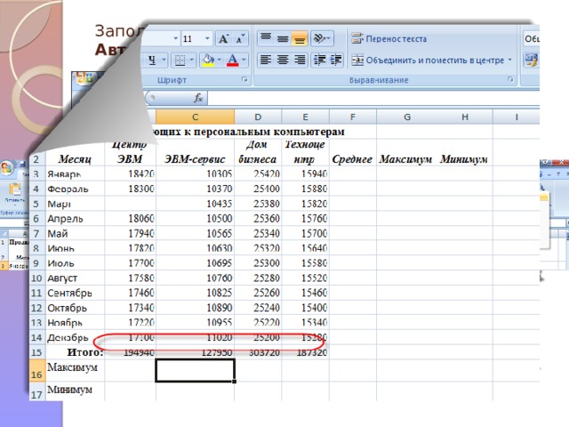 Заполнить графу Итого , используя операции Автосумма    