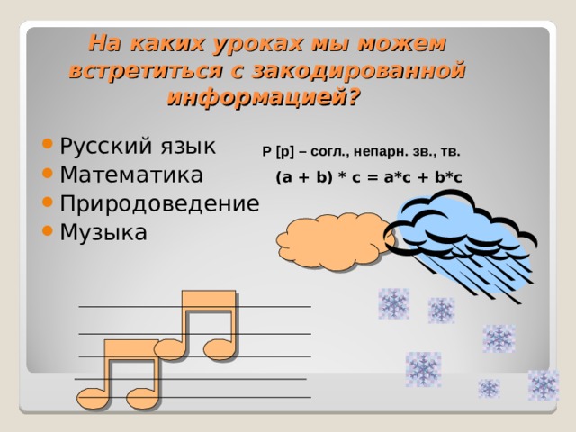 На каких уроках мы можем встретиться с закодированной информацией?  Русский язык Математика ( a + b) * c = a*c + b*c Природоведение Музыка Р [ р ] – согл., непарн. зв., тв. 