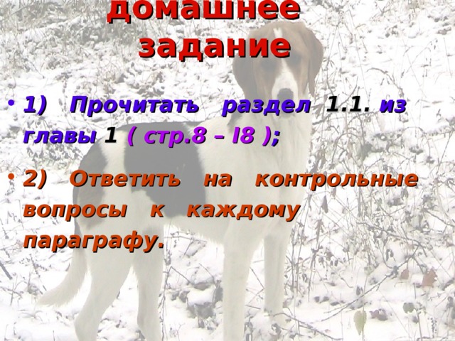 домашнее задание 1) Прочитать раздел 1.1. из главы 1  ( стр.8 – I8 ) ; 2 ) Ответить на контрольные вопросы к каждому параграфу. 