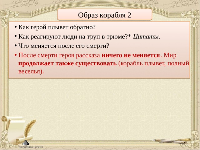 Образ корабля 2 Как герой плывет обратно? Как реагируют люди на труп в трюме?* Цитаты . Что меняется после его смерти? После смерти героя рассказа ничего не меняется . Мир продолжает также существовать (корабль плывет, полный веселья). 