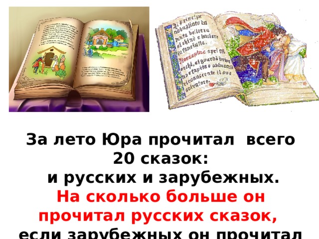 За лето Юра прочитал всего 20 сказок:  и русских и зарубежных. На сколько больше он прочитал русских сказок,  если зарубежных он прочитал 9 сказок ?  