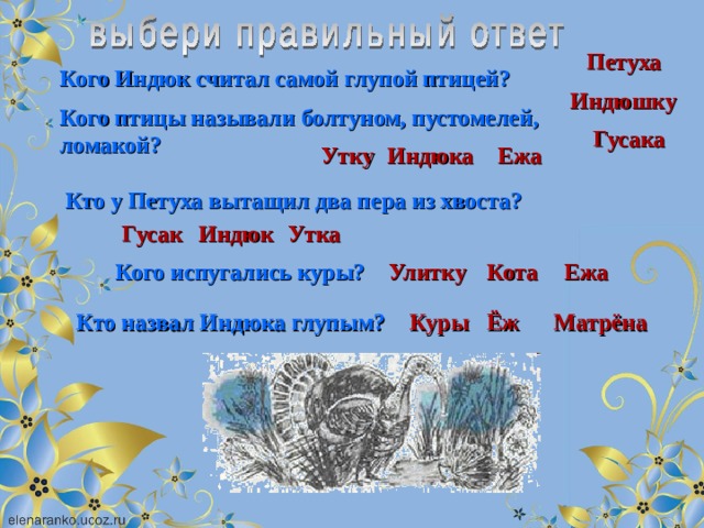 Петуха Кого Индюк считал самой глупой птицей? Индюшку Кого птицы называли болтуном, пустомелей, ломакой? Гусака Утку Индюка Ежа Кто у Петуха вытащил два пера из хвоста? Утка Индюк Гусак Кота Кого испугались куры? Улитку Ежа Кто назвал Индюка глупым? Куры Ёж  Матрёна 