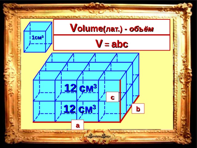 V olume ( лат.) - объём V 4 • 3 • 2 = 24см 3 1см 3 V  = длина • ширина • высота V  =  abc a b c 12 см 3 c 2 см 12 см 3 b 3 см a 4 см 