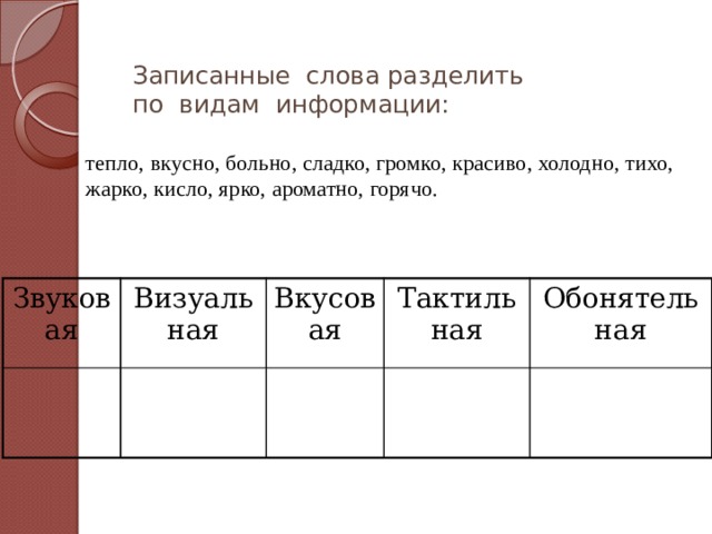   Записанные слова разделить  по видам информации:   тепло, вкусно, больно, сладко, громко, красиво, холодно, тихо, жарко, кисло, ярко, ароматно, горячо. Звуковая Визуальная Вкусовая Тактильная Обонятельная 