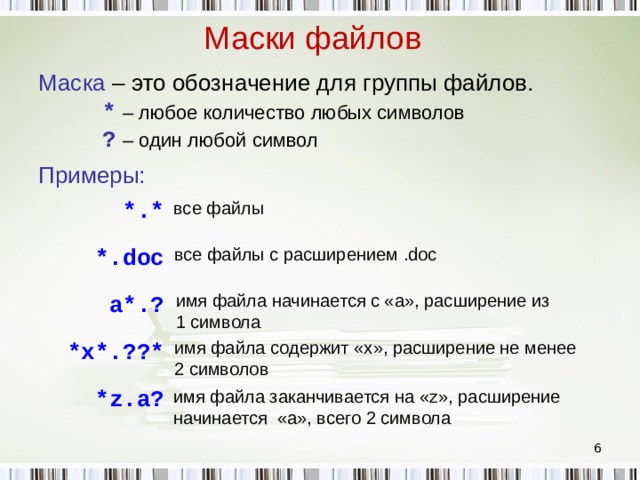 Определите какое из указанных имен файлов. Маска имени файла. Маски имен файлов Информатика. Маски имён файлов примеры. Расшифровка маски имен файлов.