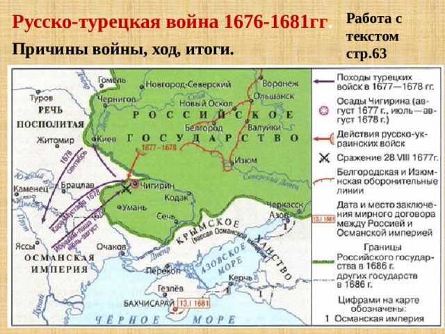 Работа с текстом стр.63 Русско-турецкая война 1676-1681гг . Причины войны, ход, итоги. 