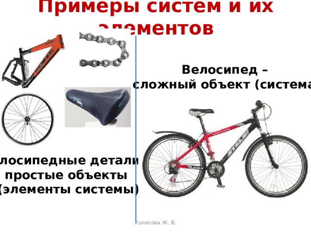 Примеры систем и их элементов Велосипед – сложный объект (система) Велосипедные детали – простые объекты (элементы системы) Колесова Ж. В. 