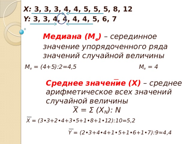 Х: 3, 3, 3, 4, 4, 5, 5, 5, 8, 12 Y: 3, 3, 4, 4, 4, 4, 5, 6, 7  Медиана (М е ) – серединное значение упорядоченного ряда значений случайной величины М е = 4 М е = (4+5):2=4,5 Среднее значение (X) – среднее арифметическое всех значений случайной величины Х = Σ (X N ): N X = (3•3+2•4+3•5+1•8+1•12):10=5,2 Y = (2•3+4•4+1•5+1•6+1•7):9≈4,4 