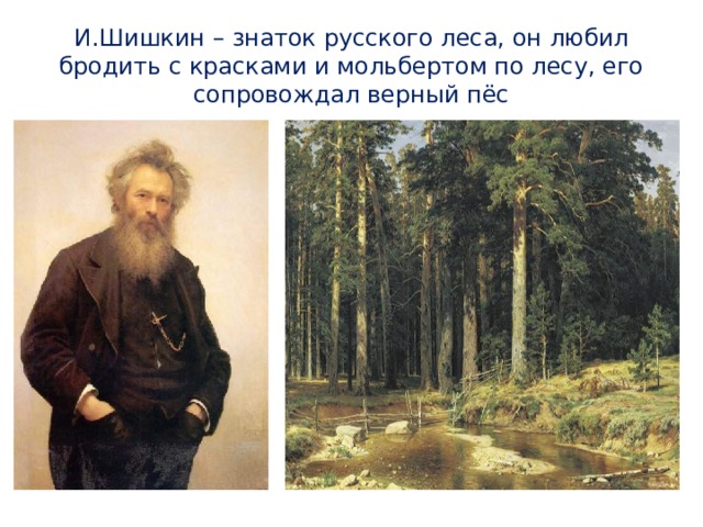 И.Шишкин – знаток русского леса, он любил бродить с красками и мольбертом по лесу, его сопровождал верный пёс 