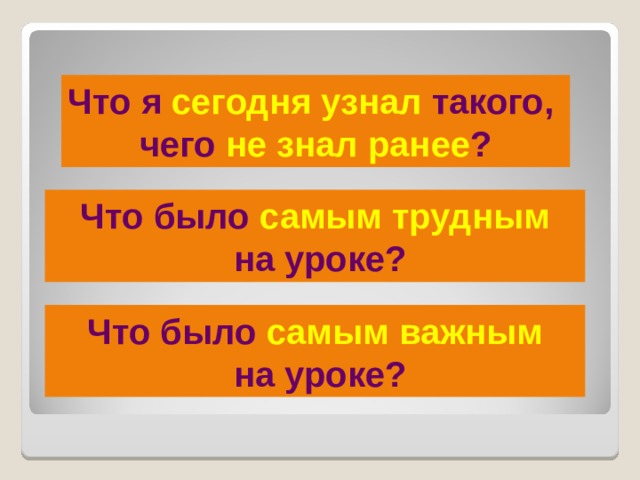 Что я сегодня узнал такого, чего не знал ранее ? Что было самым трудным  на уроке? Что было самым важным  на уроке? 