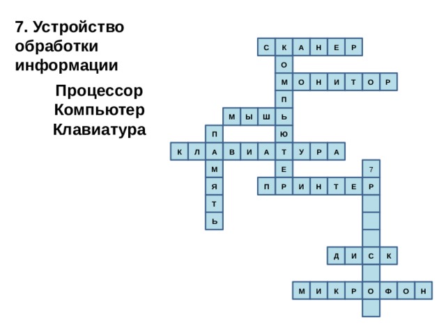 7. Устройство обработки информации  Процессор Компьютер Клавиатура С К Р Н А Е О О М Т О Р И Н П Ш М Ы Ь Ю П Т К Л А В И А У Р А Е 7 М Е И Н Т Я Р П Р Т Ь К С Д И И О Н Ф К Р М О