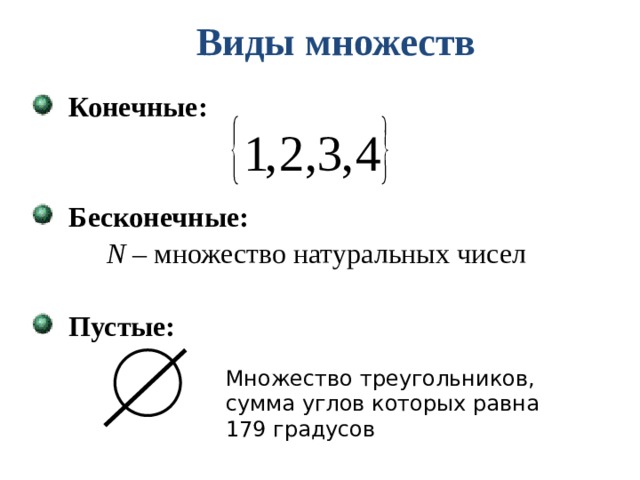 Виды множеств Конечные:   Бесконечные: N – множество натуральных чисел  Пустые:   Множество треугольников, сумма углов которых равна 179 градусов  