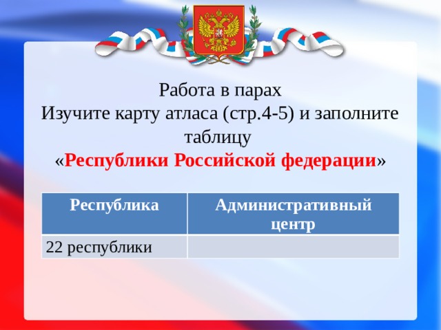 Работа в парах  Изучите карту атласа (стр.4-5) и заполните таблицу  « Республики Российской федерации » Республика 22 республики Административный центр 