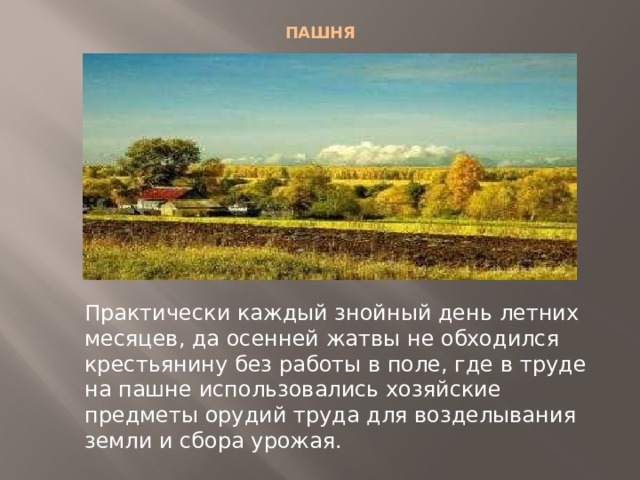 ПАШНЯ   Практически каждый знойный день летних месяцев, да осенней жатвы не обходился крестьянину без работы в поле, где в труде на пашне использовались хозяйские предметы орудий труда для возделывания земли и сбора урожая. 