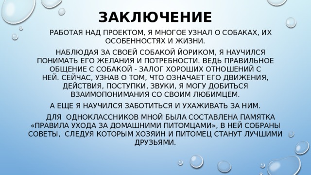 Заключение  Работая над проектом, я многое узнал о собаках, их особенностях и жизни.  Наблюдая за своей собакой Йориком, я научился понимать его желания и потребности. Ведь правильное общение с собакой - залог хороших отношений с ней. Сейчас, узнав о том, что означает его движения, действия, поступки, звуки, я могу добиться взаимопонимания со своим любимцем. А еще я научился заботиться и ухаживать за ним.  Для одноклассников мной была составлена памятка «Правила ухода за домашними питомцами», в ней собраны советы, следуя которым хозяин и питомец станут лучшими друзьями. 