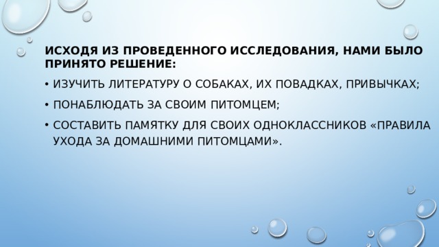 Исходя из проведенного исследования, нами было принято решение: изучить литературу о собаках, их повадках, привычках; понаблюдать за своим питомцем; составить памятку для своих одноклассников «Правила ухода за домашними питомцами». 