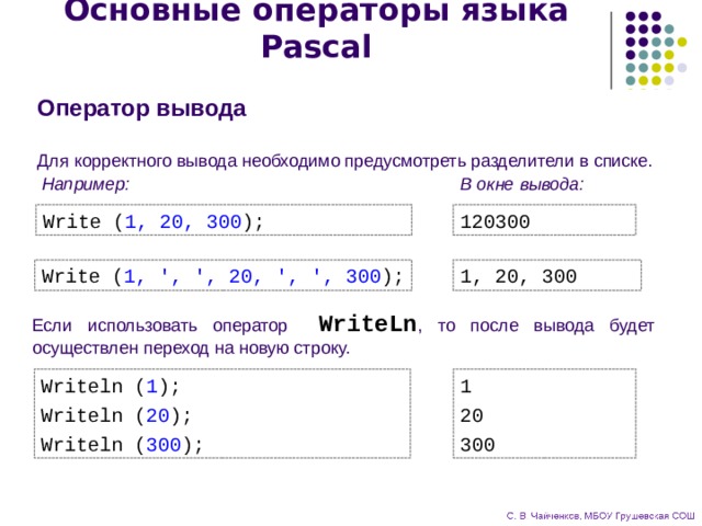 Основные операторы языка Pascal Оператор вывода Для корректного вывода необходимо предусмотреть разделители в списке. В окне вывода: Например: 120300 Write ( 1, 20, 300 ); Write ( 1, ', ', 20, ', ', 300 ); 1, 20, 300 Если использовать оператор WriteLn , то после вывода будет осуществлен переход на новую строку. 1 20 300 Writeln ( 1 ); Writeln ( 20 ); Writeln ( 300 ); 