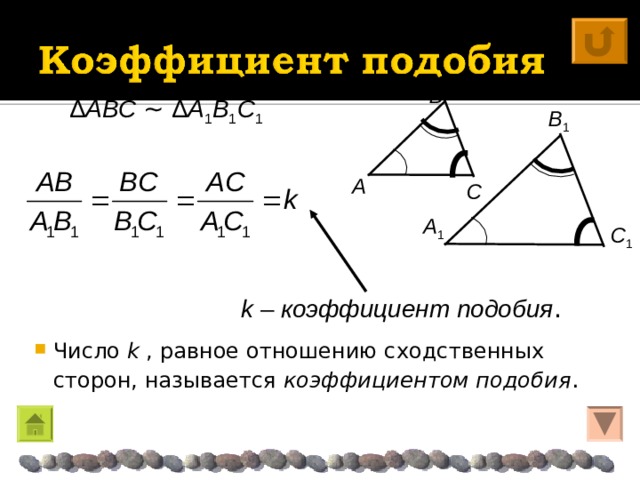 Β Δ A Β C  ~  Δ A 1 Β 1 C 1 Β 1 A C  A 1 C 1 k  – коэффициент подобия . Число k , равное отношению сходственных сторон, называется коэффициентом подобия . 