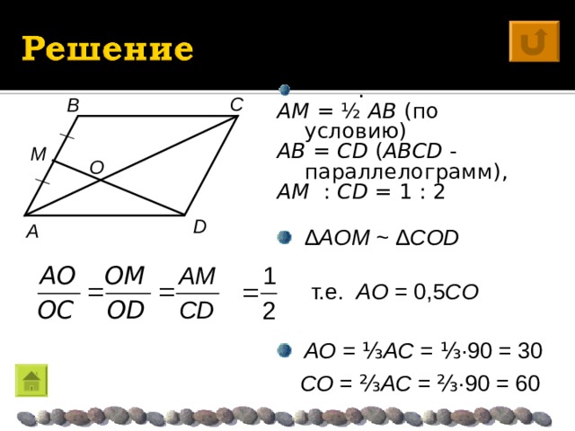  . AM = ½ AB  (по условию)  AB = CD  ( ABCD - параллелограмм), AM  : CD = 1 : 2 C B M O D A Δ AO M  ~  Δ C О D  т.е. AO = 0,5 C О AO  = ⅓ AC = ⅓· 90 = 30  CO  = ⅔ AC = ⅔· 90 = 60 
