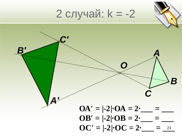 2 случай: k = -2 С′ В′ А О В С А′ ОА′ = |-2|∙ОА = 2∙___ = ___ ОВ′ = |-2|∙ОВ = 2∙___ = ___ ОС′ = |-2|∙ОС = 2∙___ = ___  