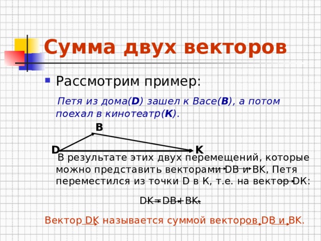 Сумма двух векторов Рассмотрим пример:  Петя из дома( D ) зашел к Васе( B ), а потом поехал в кинотеатр( К ).    В результате этих двух перемещений, которые можно представить векторами DB и BK , Петя переместился из точки D в К, т.е. на вектор D К:  DK=DB+BK . Вектор DK называется суммой векторов DB и BK . B K D 