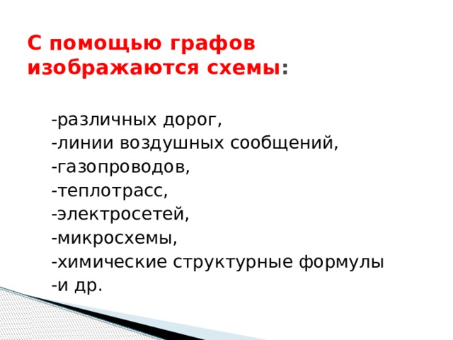 С помощью графов изображаются схемы :    -различных дорог,  -линии воздушных сообщений,  -газопроводов,  -теплотрасс,  -электросетей,  -микросхемы,  -химические структурные формулы  -и др. 