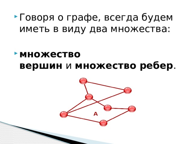 Говоря о графе, всегда будем иметь в виду два множества:  множество вершин  и  множество ребер . 