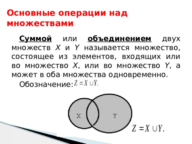 Основные операции над множествами Суммой или объединением двух множеств Х и Y называется множество, состоящее из элементов, входящих или во множество Х , или во множество Y , а может в оба множества одновременно. Обозначение:  