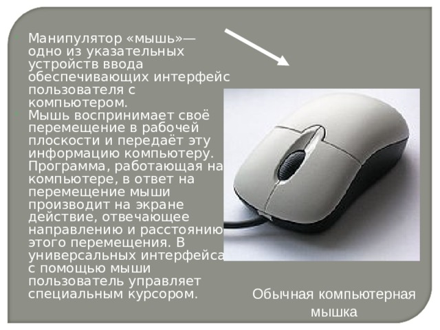 Манипулятор «мышь»— одно из указательных устройств ввода обеспечивающих интерфейс пользователя с компьютером. Мышь воспринимает своё перемещение в рабочей плоскости и передаёт эту информацию компьютеру. Программа, работающая на компьютере, в ответ на перемещение мыши производит на экране действие, отвечающее направлению и расстоянию этого перемещения. В универсальных интерфейсах с помощью мыши пользователь управляет специальным курсором . Обычная компьютерная мышка 