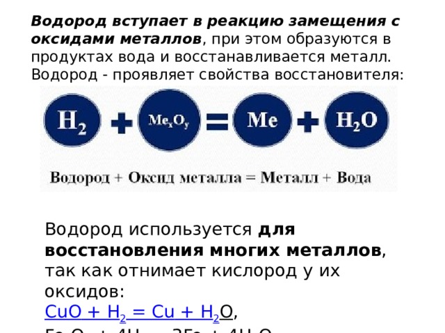 Водород оксид неметалла. Реакция водорода с оксидами металлов. Водород вступает в реакцию с. Химические свойства водорода реакции. Реакции замещения с водородом.