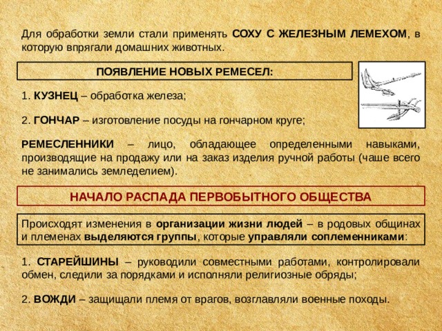 Для обработки земли стали применять СОХУ С ЖЕЛЕЗНЫМ ЛЕМЕХОМ , в которую впрягали домашних животных. ПОЯВЛЕНИЕ НОВЫХ РЕМЕСЕЛ: 1. КУЗНЕЦ – обработка железа; 2. ГОНЧАР – изготовление посуды на гончарном круге; РЕМЕСЛЕННИКИ – лицо, обладающее определенными навыками, производящие на продажу или на заказ изделия ручной работы (чаше всего не занимались земледелием). НАЧАЛО РАСПАДА ПЕРВОБЫТНОГО ОБЩЕСТВА Происходят изменения в организации жизни людей – в родовых общинах и племенах выделяются группы ,  которые управляли соплеменниками : 1. СТАРЕЙШИНЫ – руководили совместными работами, контролировали обмен, следили за порядками и исполняли религиозные обряды; 2. ВОЖДИ – защищали племя от врагов, возглавляли военные походы. 