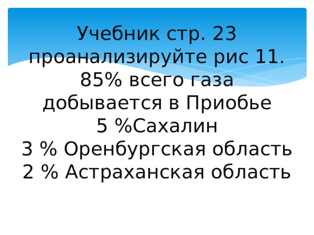 Учебник стр. 23 проанализируйте рис 11.  85% всего газа добывается в Приобье  5 %Сахалин  3 % Оренбургская область  2 % Астраханская область 