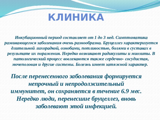 КЛИНИКА Инкубационный период составляет от 1 до 3 нед. Симптоматика развивающегося заболевания очень разнообразна. Бруцеллез характеризуется длительной лихорадкой, ознобами, потливостью, болями в суставах в результате их поражения. Нередко возникают радикулиты и миозиты. В патологический процесс вовлекаются также сердечно- сосудистая, мочеполовая и другие системы. Болезнь имеет затяжной характер. После перенесенного заболевания формируется непрочный и непродолжительный иммунитет, он сохраняется в течение 6.9 мес. Нередко люди, перенесшие бруцеллез, вновь заболевают этой инфекцией. 