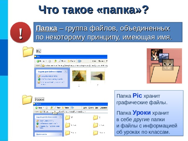 Что такое «папка»? ! Папка  – группа файлов, объединенных  по некоторому принципу, имеющая имя. Папка Pic  хранит графические файлы. Папка Уроки хранит  в себе другие папки  и файлы с информацией об уроках по классам. 