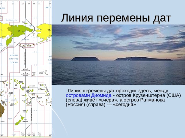  Линия перемены дат  Линия перемены дат проходит здесь, между островами Диомида - остров Крузенштерна (США) (слева) живёт «вчера», а остров Ратманова (Россия) (справа) — «сегодня» 