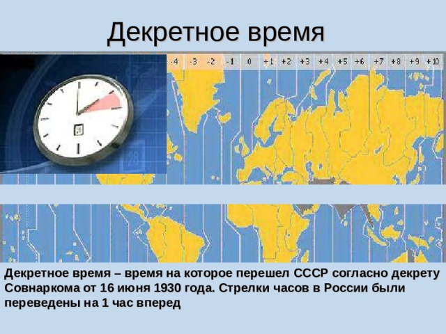 Декретное время  Декретное время – время на которое перешел СССР согласно декрету Совнаркома от 16 июня 1930 года. Стрелки часов в России были переведены на 1 час вперед  
